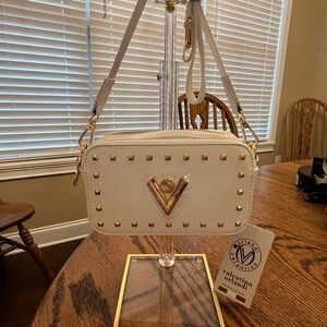Valentino Orlandi White Crossbody with Gold Accents and Double Zip
